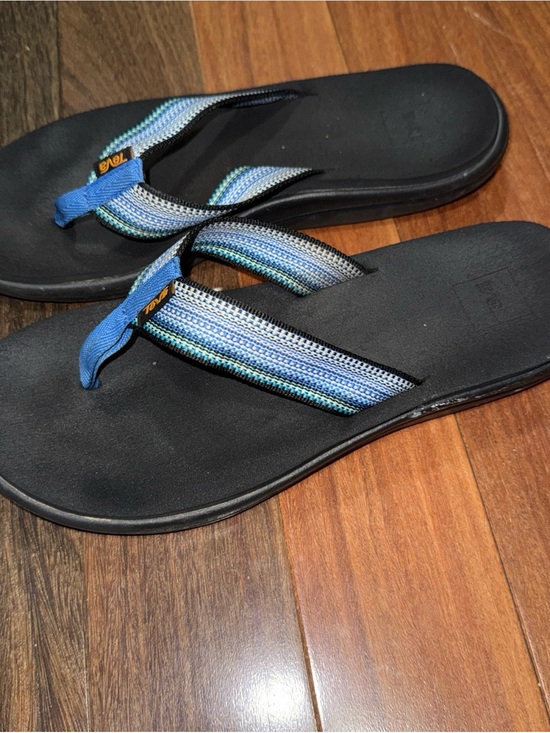 Teva Shoes - Teva Black Flip Flops with Blue Striped Fabric Straps size 9 comfy cushioning